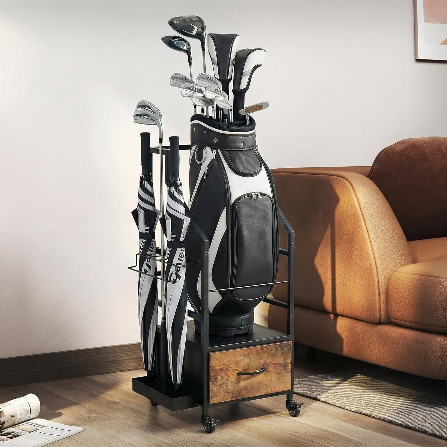 Golf Bag Organizer Rack with Wheels, Golf Storage Organizer for Garage,Golf Stand & Accessories,Brown Garage Organizer Fit Single Golf Bags