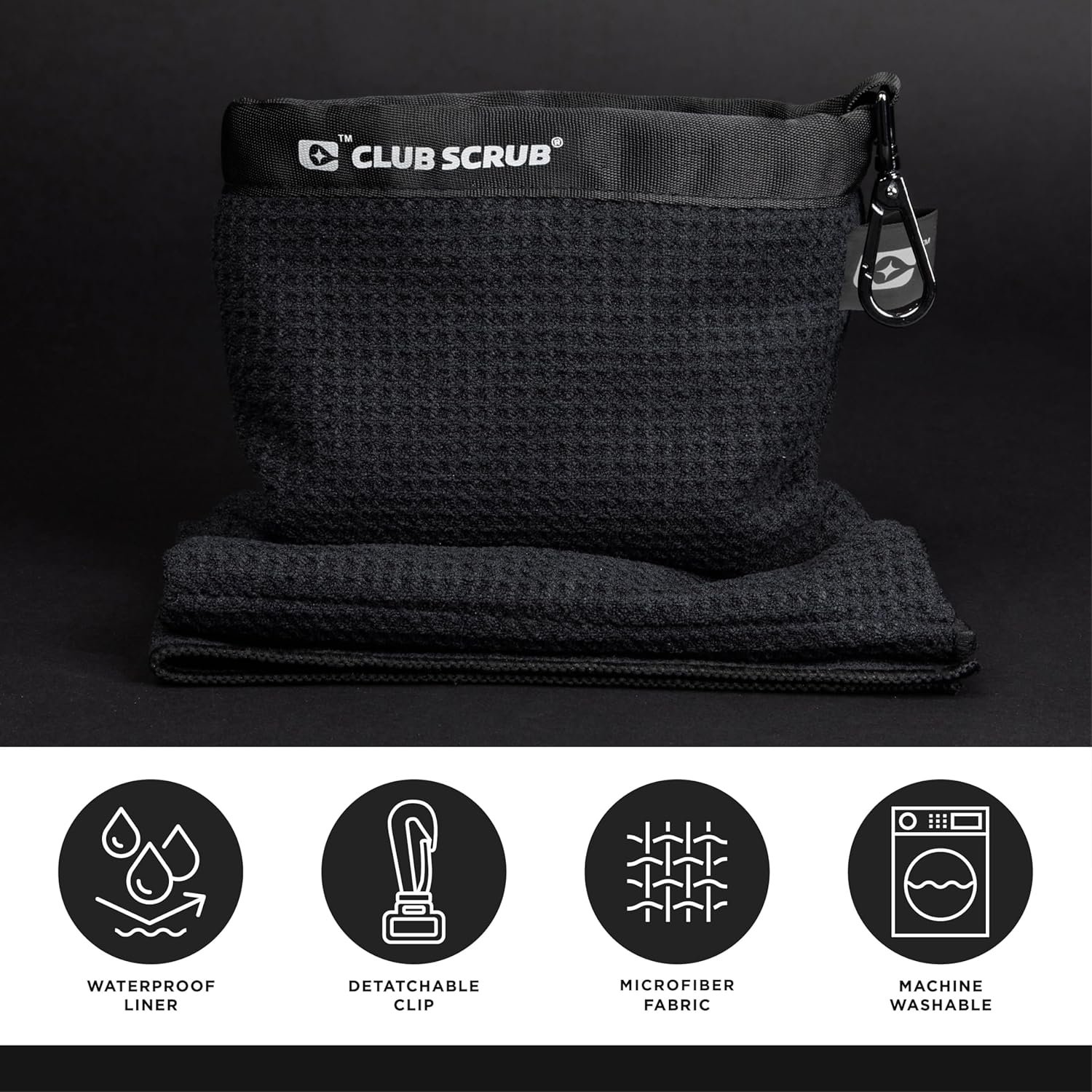 Club Scrub Towel Pro, Golf Club and Ball Cleaning Pouch with Attached Towel, Waterproof Exterior, Waffle-Weave Microfiber (Black)
