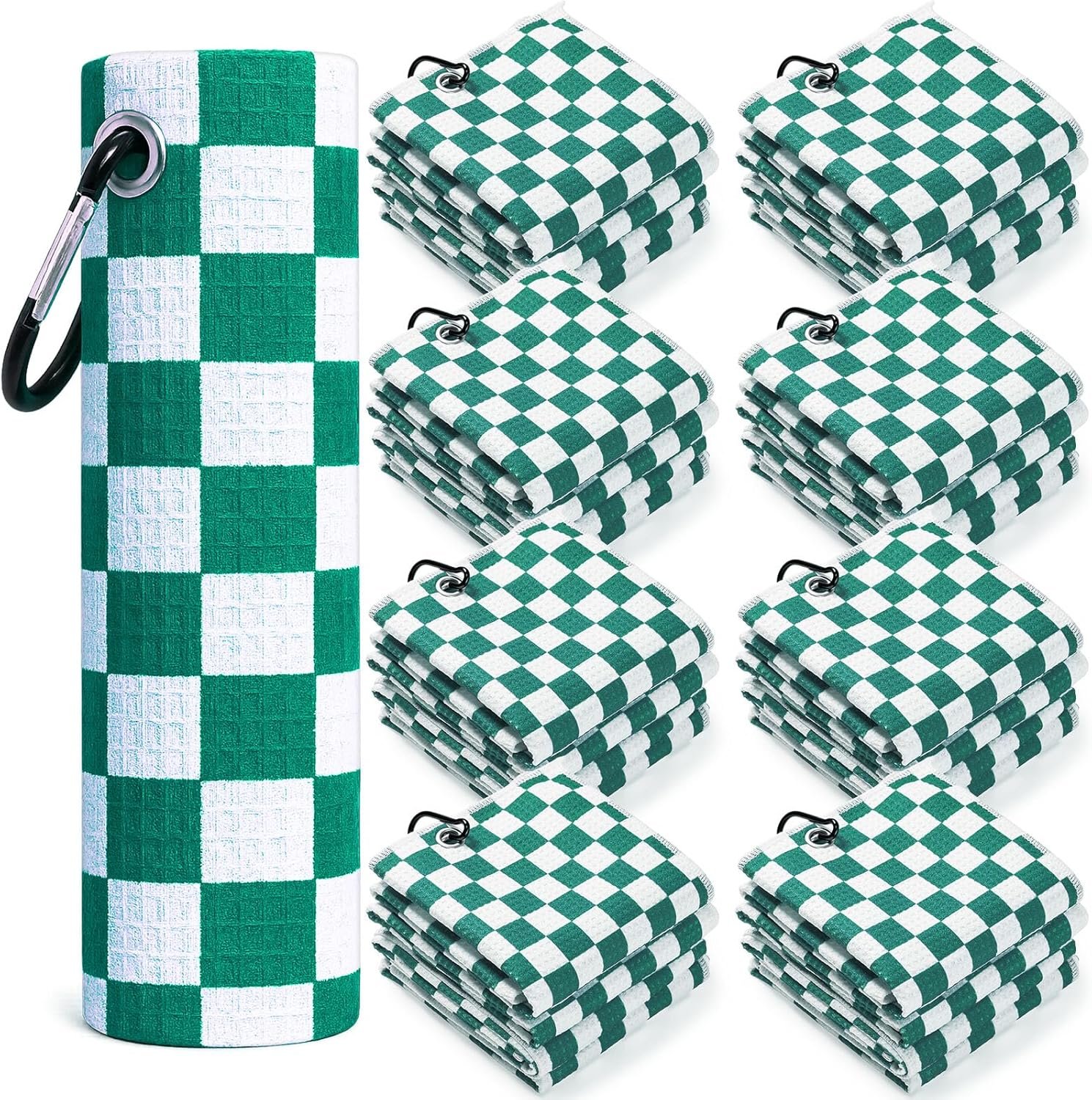 SmoothNovelty 12 Pcs Golf Towels Bulk for Bags Microfiber Waffle Pattern Golf Towel with Clip 16” x 16”, Ultra Absorbent Quick-Dry, Mini Tournament Yoga Fitness Men’s Gifts(Emerald Green)