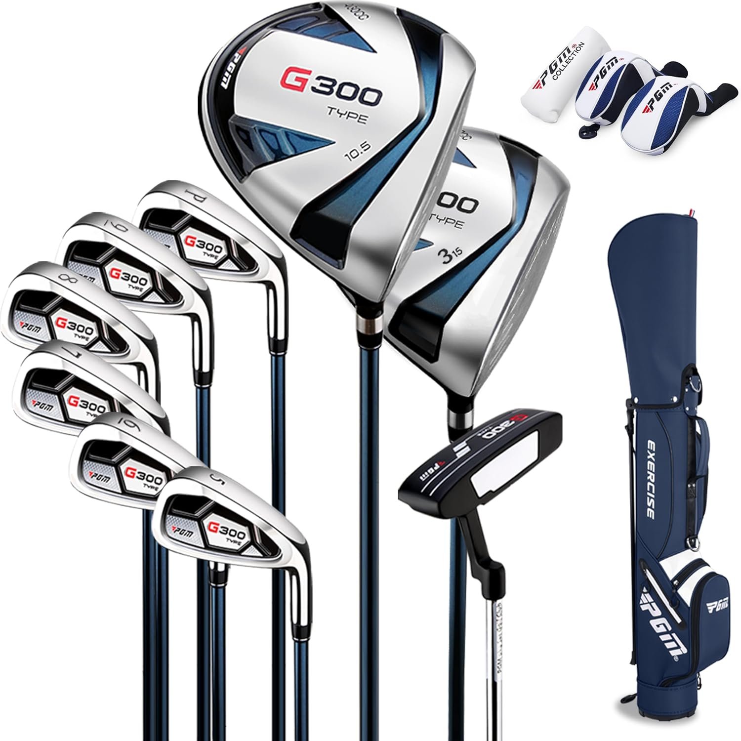 PGM Men’s Complete Golf Club Set – Titanium Driver, Draw-Biased Hybrid, High-Strength Irons, Forgiving Putter, Stand Bag with 5 Headcovers