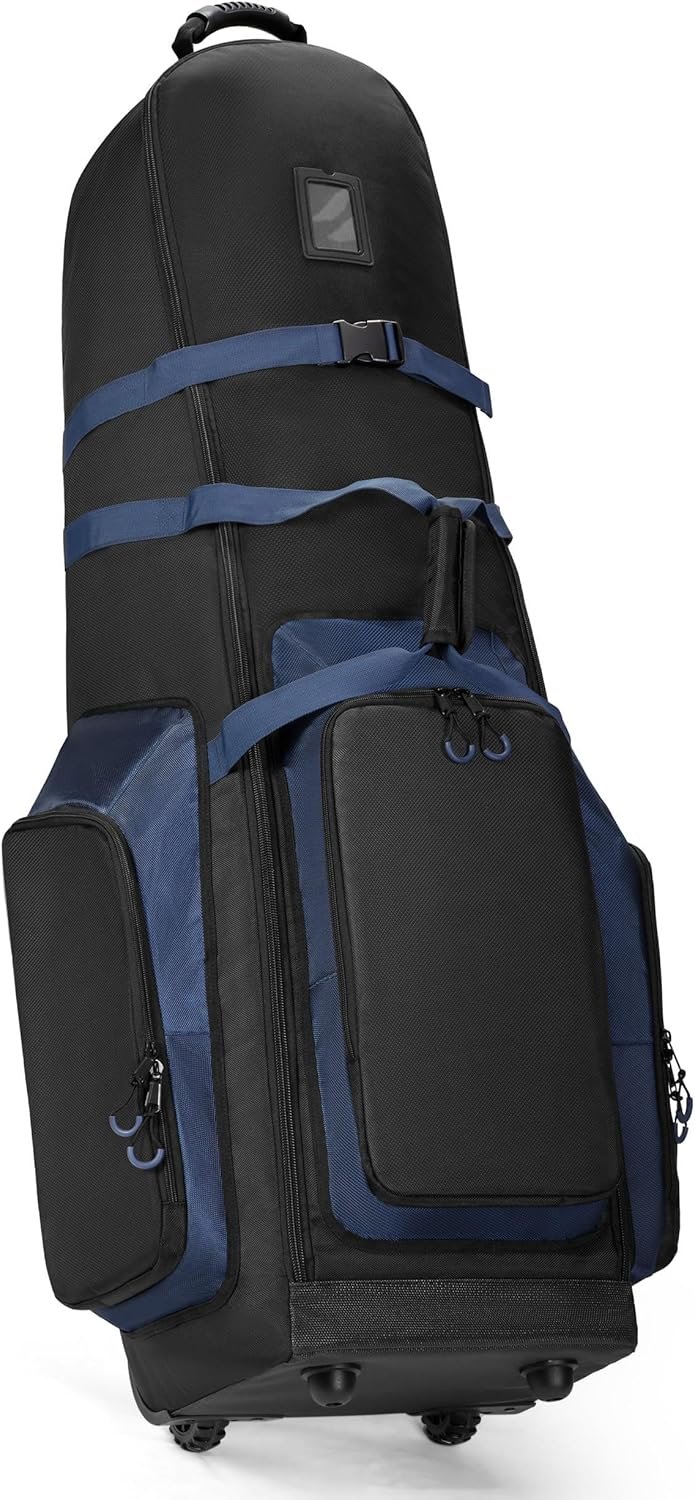 Marscamd Golf Travel Bag with Wheels for Airlines, 1680D Heavy-Duty with Dual-Layer Club Protection, Travel Case Cover with 4 Compartments for Golf Gear, Shoes & Personal Items, Black & Blue