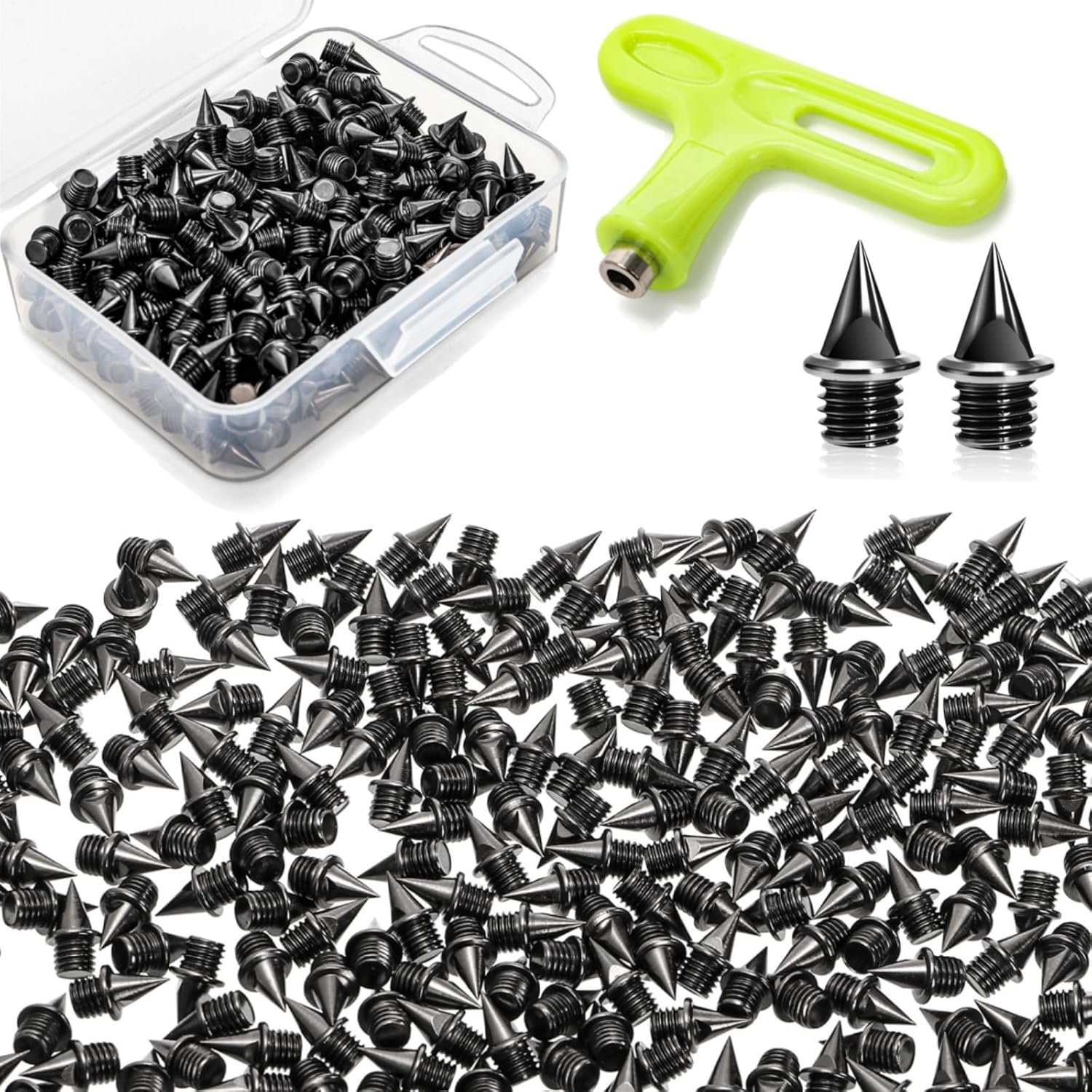 240 Pieces 1/4 Track Spikes, Black Steel Pyramid Spikes with Wrench, Storage Box, Cross Country Spike Replacement for Track, Running, Sprint, Climbing, Sport, Golf Shoes