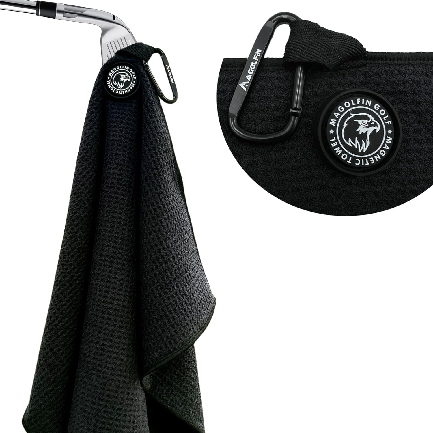 Magnetic Golf Towel with Clip, Microfiber Waffle Design – Industrial Strength Magnet for Strong Hold to Golf Bags, Carts & Clubs – Black
