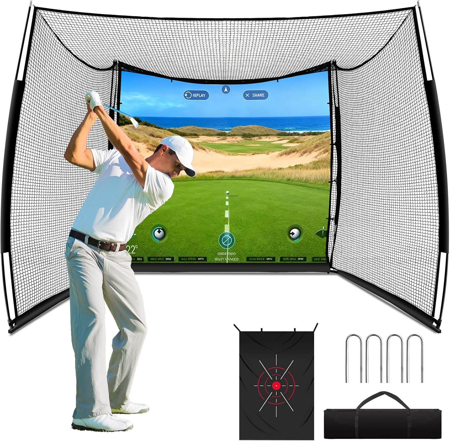 Golf Net, 11x8ft Golf Simulator Hitting Net with Impact Screen and Target Cloth, Heavy Duty Spacious Practice Cage for Drivingb bSwing, Home Backyard Garage Indoor Outdoor Use