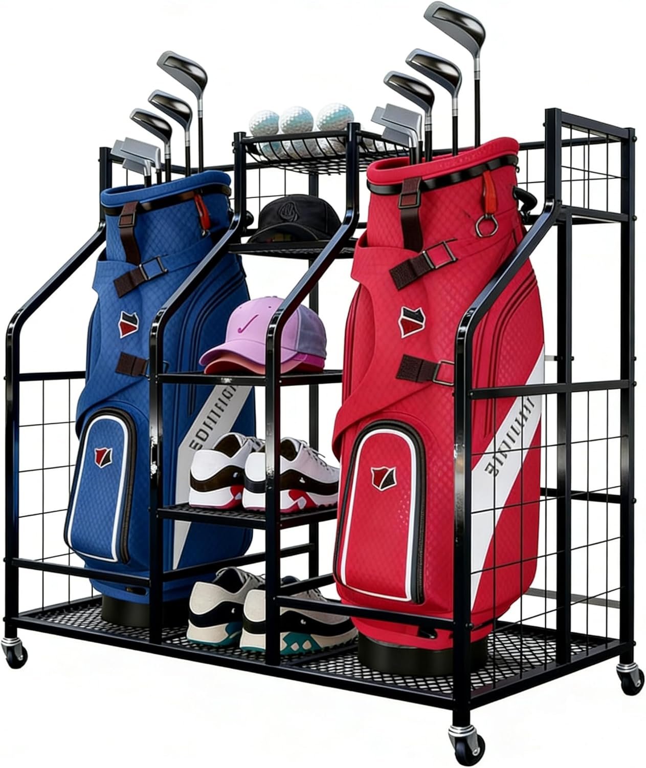 Golf Bag Storage Organizer Stand with Wheels- Heavy Duty Steel Rack Holds 2 Golf Bags with Central Storage Shelf for Golf Balls, Shoes & Accessories, Space Saving Garage Golf Club Equipment Holder