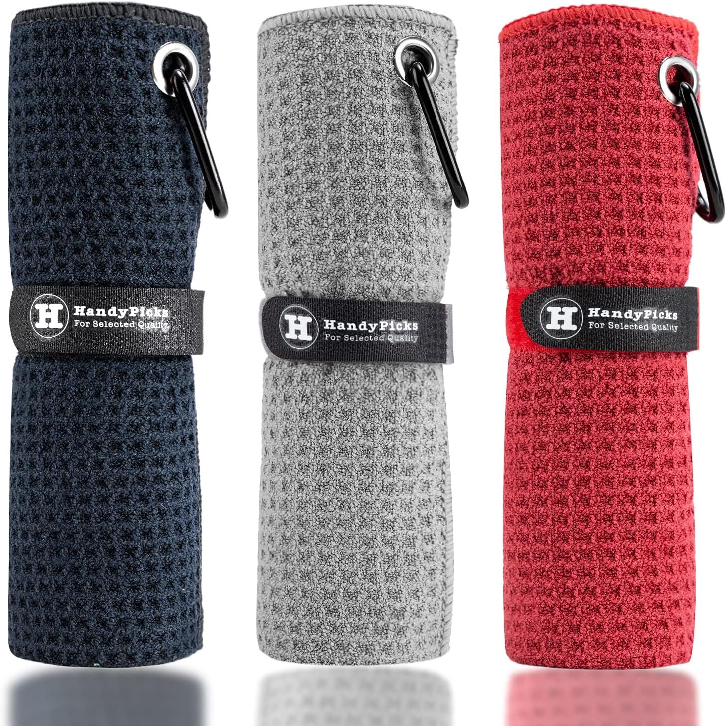 Handy Picks Microfiber Golf Towel (16″ X 16″) with Carabiner Clip, Waffle Pattern Golf Towel Hook and Loop Fastener – The Convenient Golf Cleaning Towel