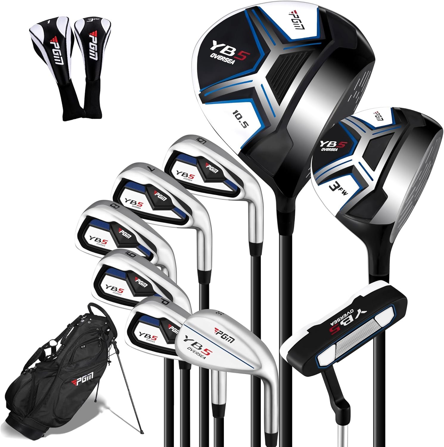 PGM 12/15 Pieces Men’s Complete Golf Club Set with Driver, Fairway, Hybrid, Irons, Putter, Stand Bag & Headcovers – Right Handed – Ideal for Beginners (Standard/Tall Sizes)