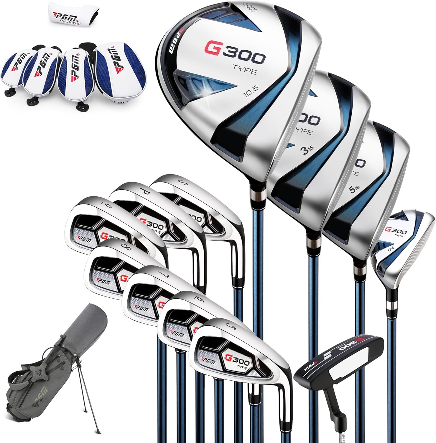 PGM Men’s Complete Golf Club Set – Titanium Driver, Draw-Biased Hybrid, High-Strength Irons, Forgiving Putter, Stand Bag with 5 Headcovers
