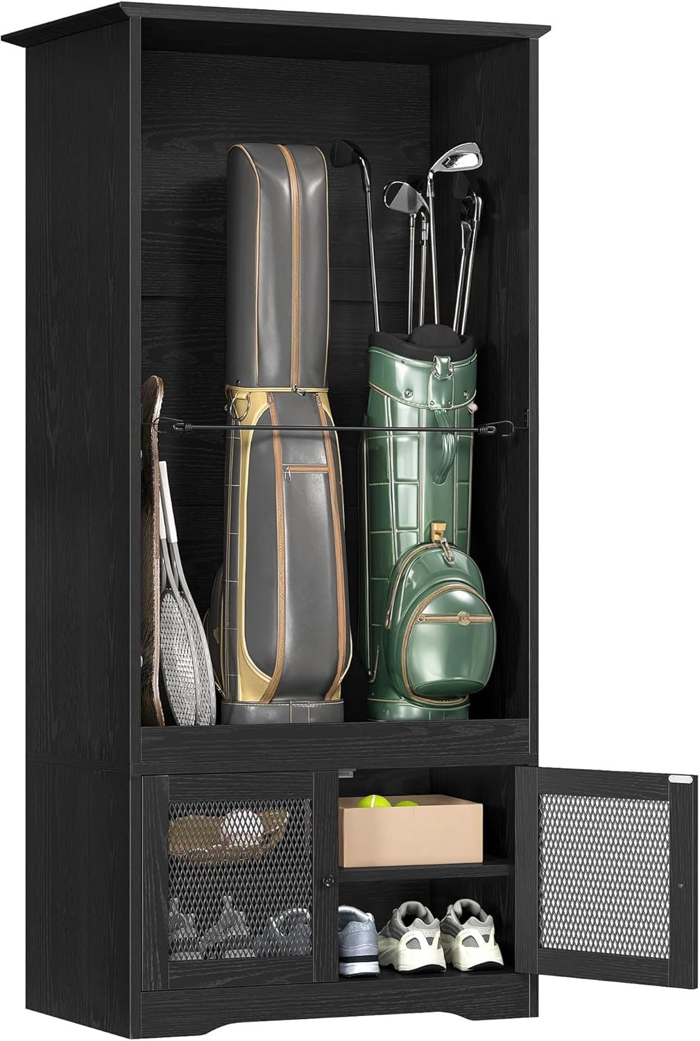DWVO Golf Bag Organizer – Stylish Wooden Storage Cabinet for Garage & Home, Holds 2 Golf Bags with Turf Mat Protection