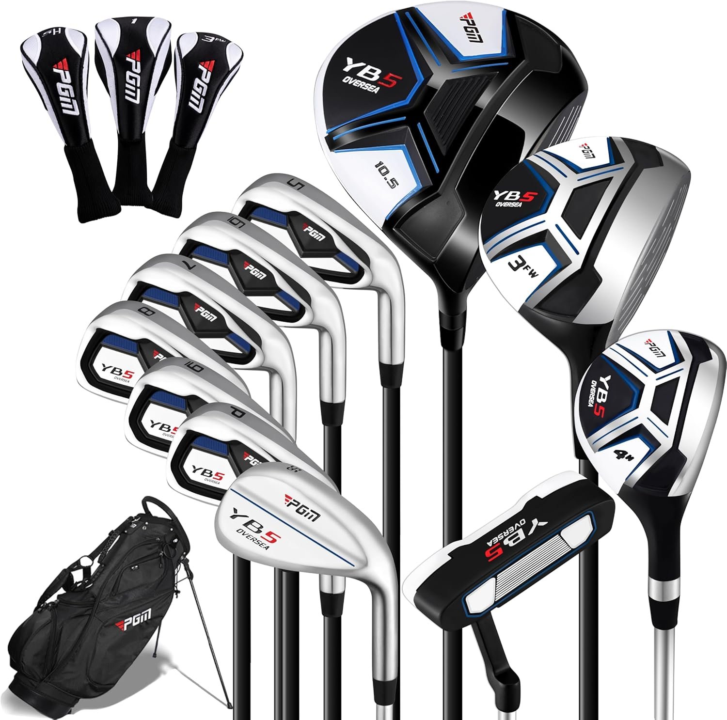 PGM 12/15 Pieces Men’s Complete Golf Club Set with Driver, Fairway, Hybrid, Irons, Putter, Stand Bag & Headcovers – Right Handed – Ideal for Beginners (Standard/Tall Sizes)