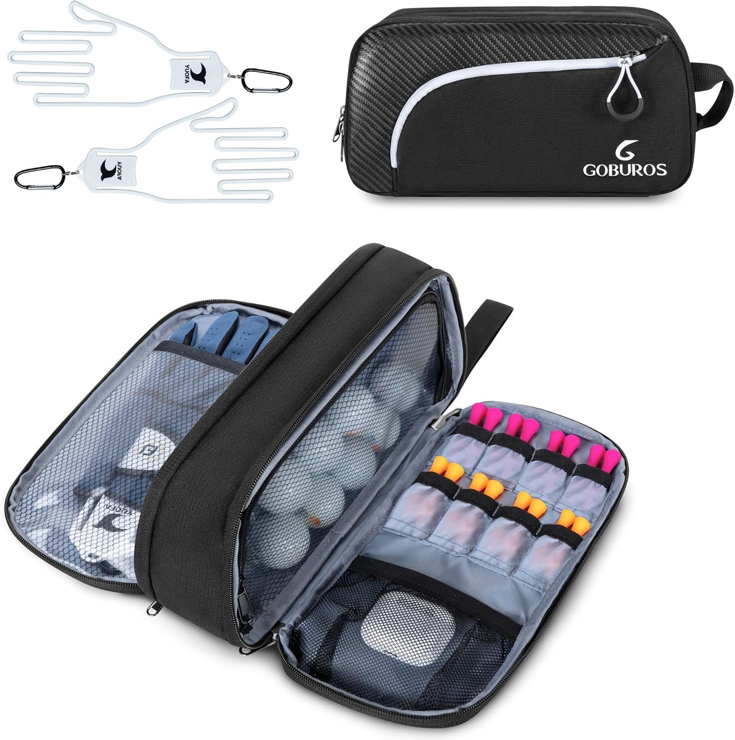 GOBUROS Golf Glove Holder Case with 2 Glove Shaper, Protective Golf Ball Bag Accessory Storage Organizer for Tees Balls Markers, Golf Gifts for Men Women, Black