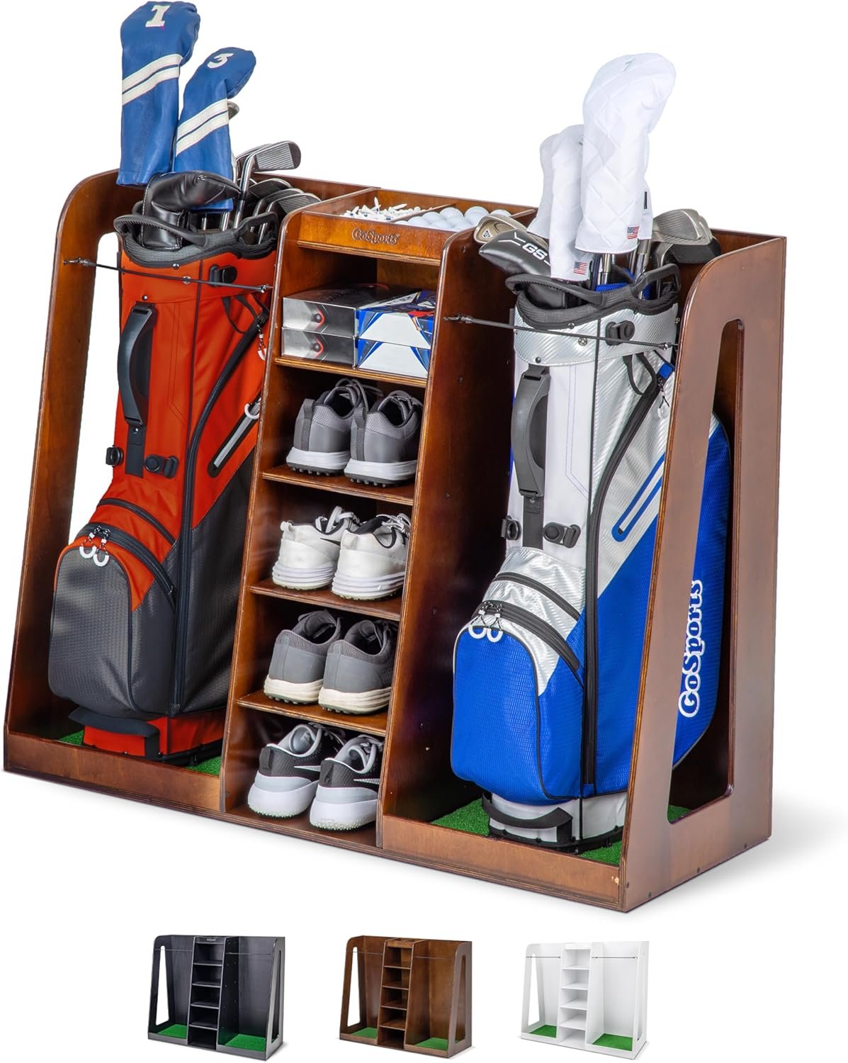 GoSports Premium Wooden Golf Bag Organizer and Storage Rack – Black, White or Brown Finish – Holds 2 Golf Bags