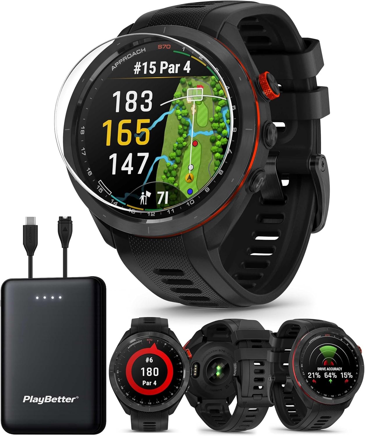 Garmin Approach S70 (Black, 47mm) Golf GPS Watch | Premium Smartwatch with AMOLED Display, Virtual Caddie & Playslike Distance | Bundle with PlayBetter Screen Protectors & Portable Charger