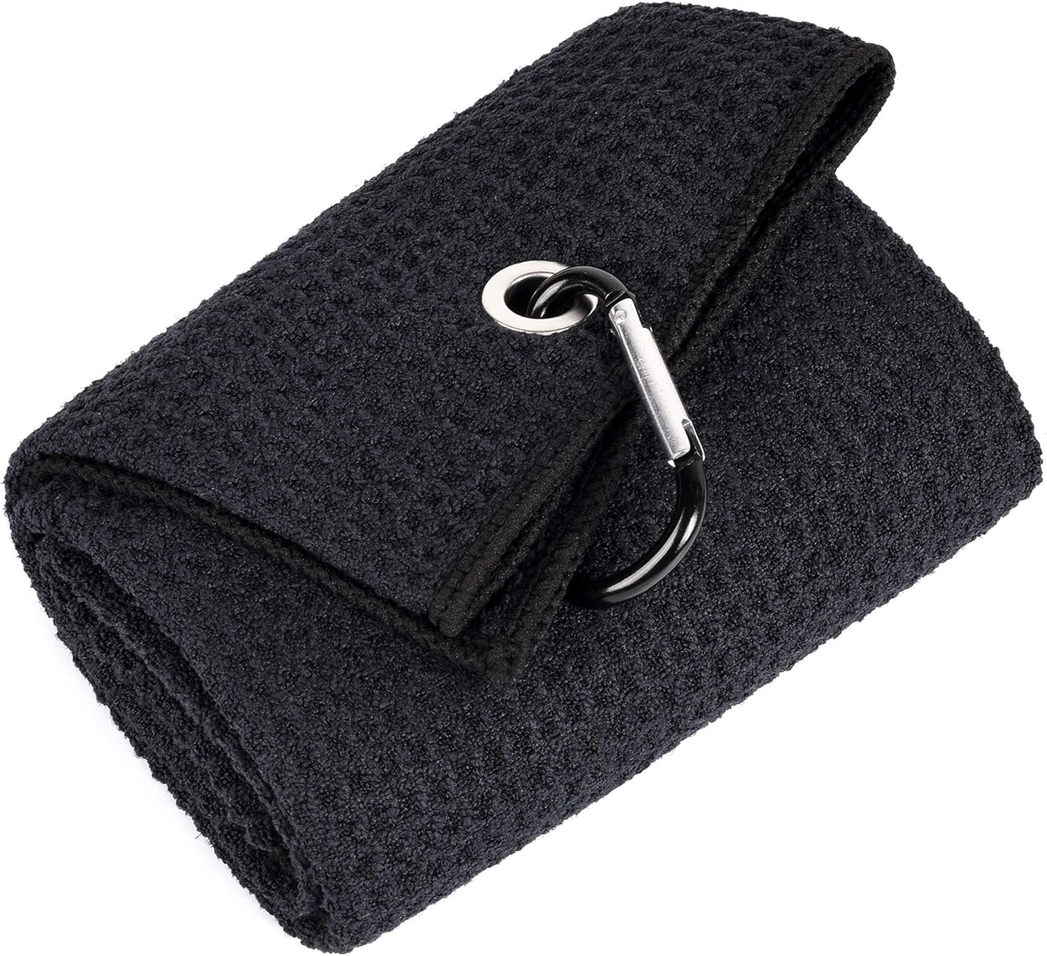 Mile High Life Tri-fold Golf Towel | 16″ X 24″ | Premium Microfiber Fabric | Waffle Pattern | with Heavy Duty Carabiner Clip | for Men and Women (Black)