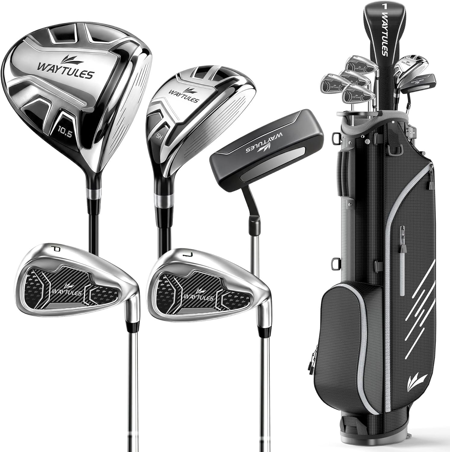 6-8-Piece Complete Golf Club Set for Men – Adult Golf Clubs with Stand Bag, Driver, Hybrid, 5/7/9/P Irons & Putter, Right Handed