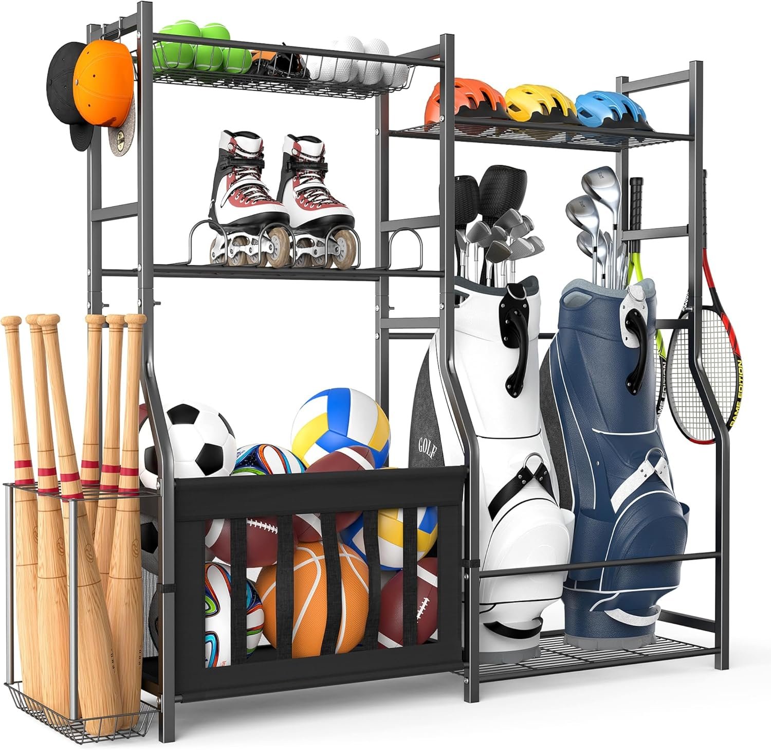 TORACK Golf Bags Stand with Ball Storage, Large Capacity Garage Sports Equipment Organizer, Indoor Toys Storage