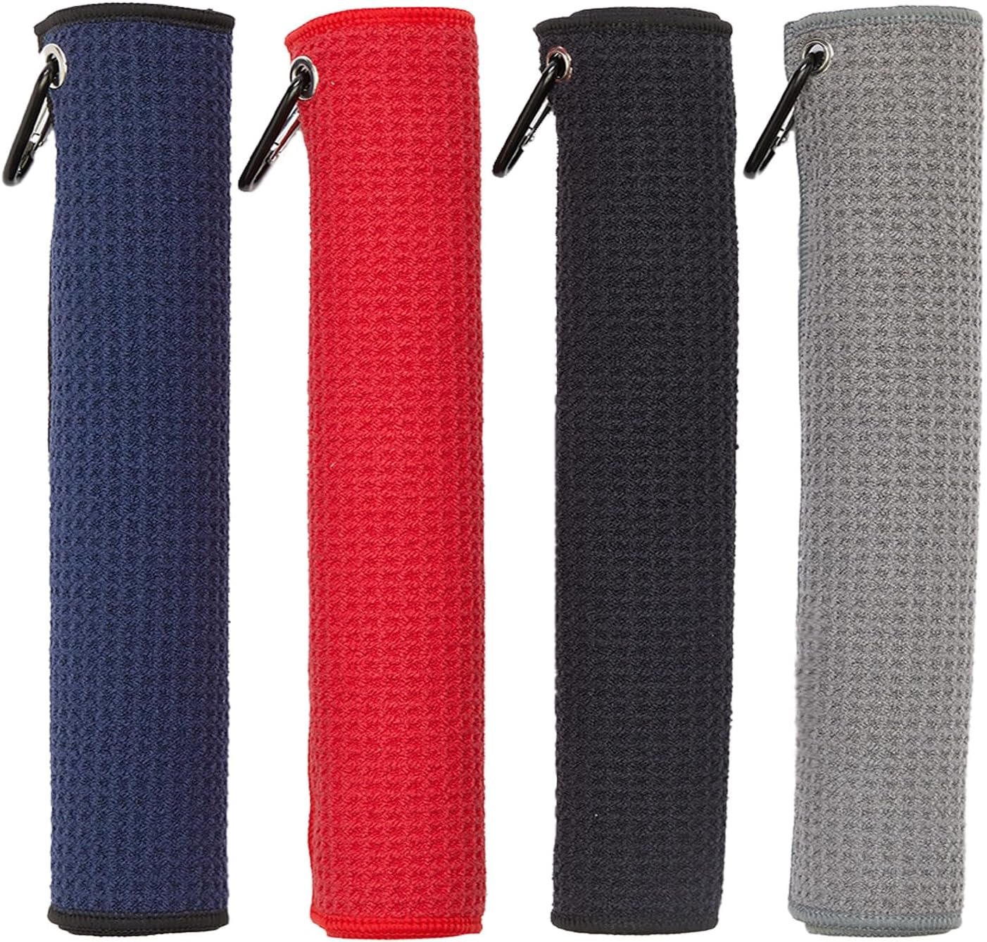 4 Pack Golf Towels, 11.8″ X 11.8″ Microfiber Golf Towel with Carabiner Clip, Waffle Pattern Golf Towels with Hook and Loop Fastener for Bag, Cleaning Towel Black/Grey/Red/Navy Blue
