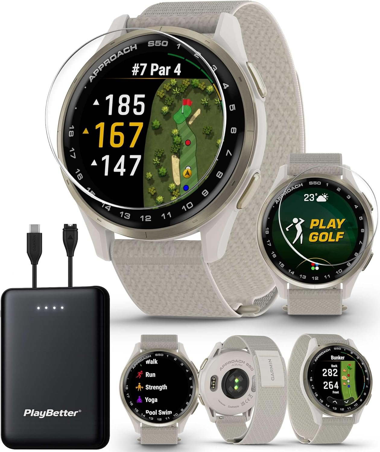 Garmin Approach S50 (Cream Gold/Ivory) Golf GPS Smartwatch Bundle – 1.2″ AMOLED Display, On-Course Features, Wrist Heart Rate with PlayBetter Screen Protectors & 5000mAh Portable Charger