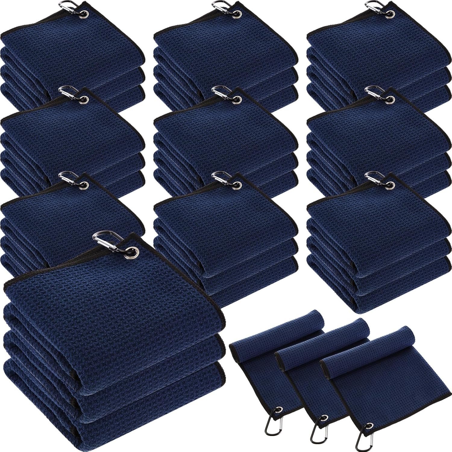 Batiyeer 30 Pcs Golf Towels Bulk for Bags 16” x 16” Microfiber Fabric Golf Towel with Clip Waffle Pattern for Men Mini Tournament Fitness Yoga Camping(Navy Blue)