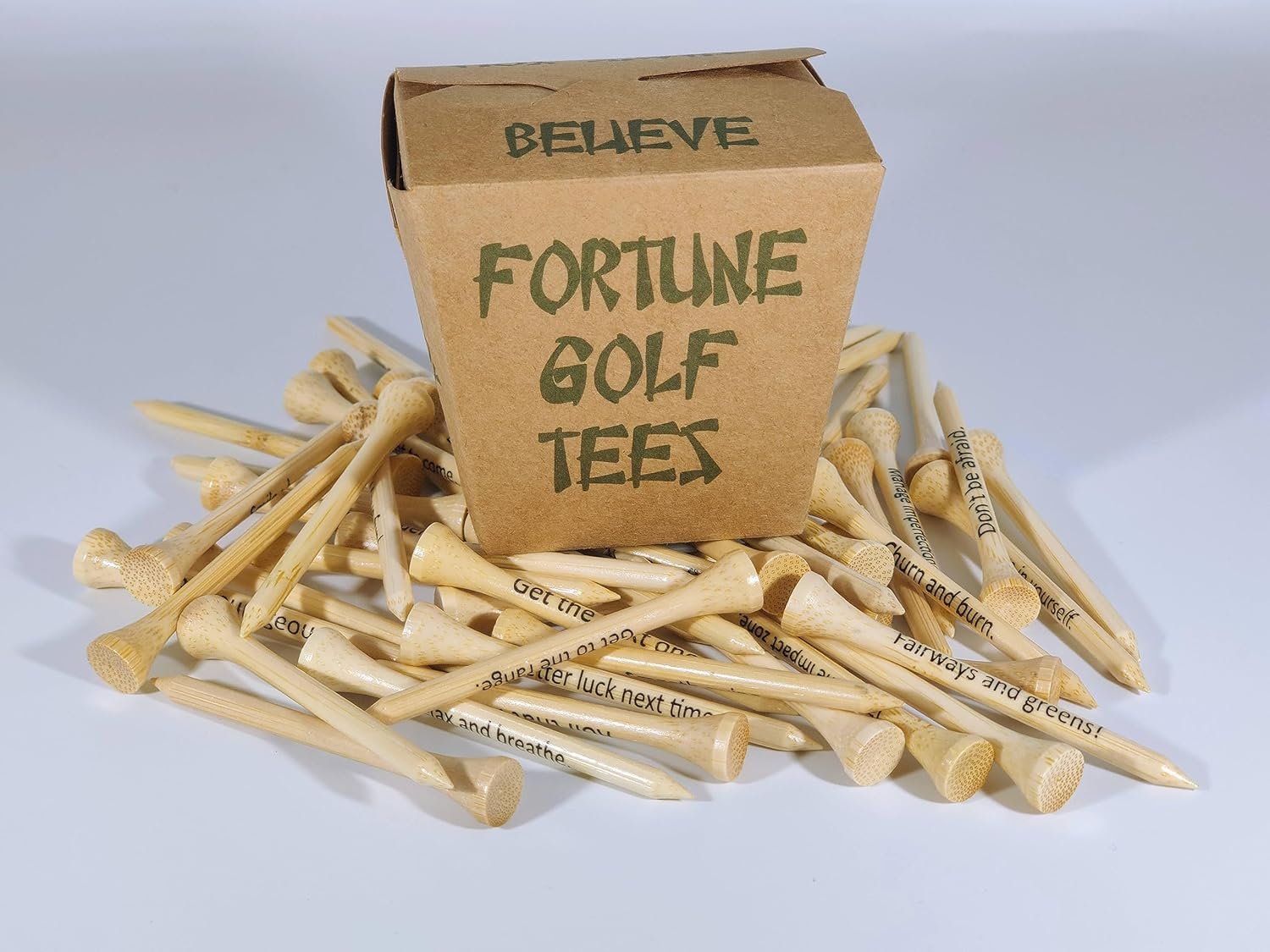 | Pack of 50 Bamboo 2 3/4″ Golf Tees | Each Golf Tee Printed with a Fortune Message