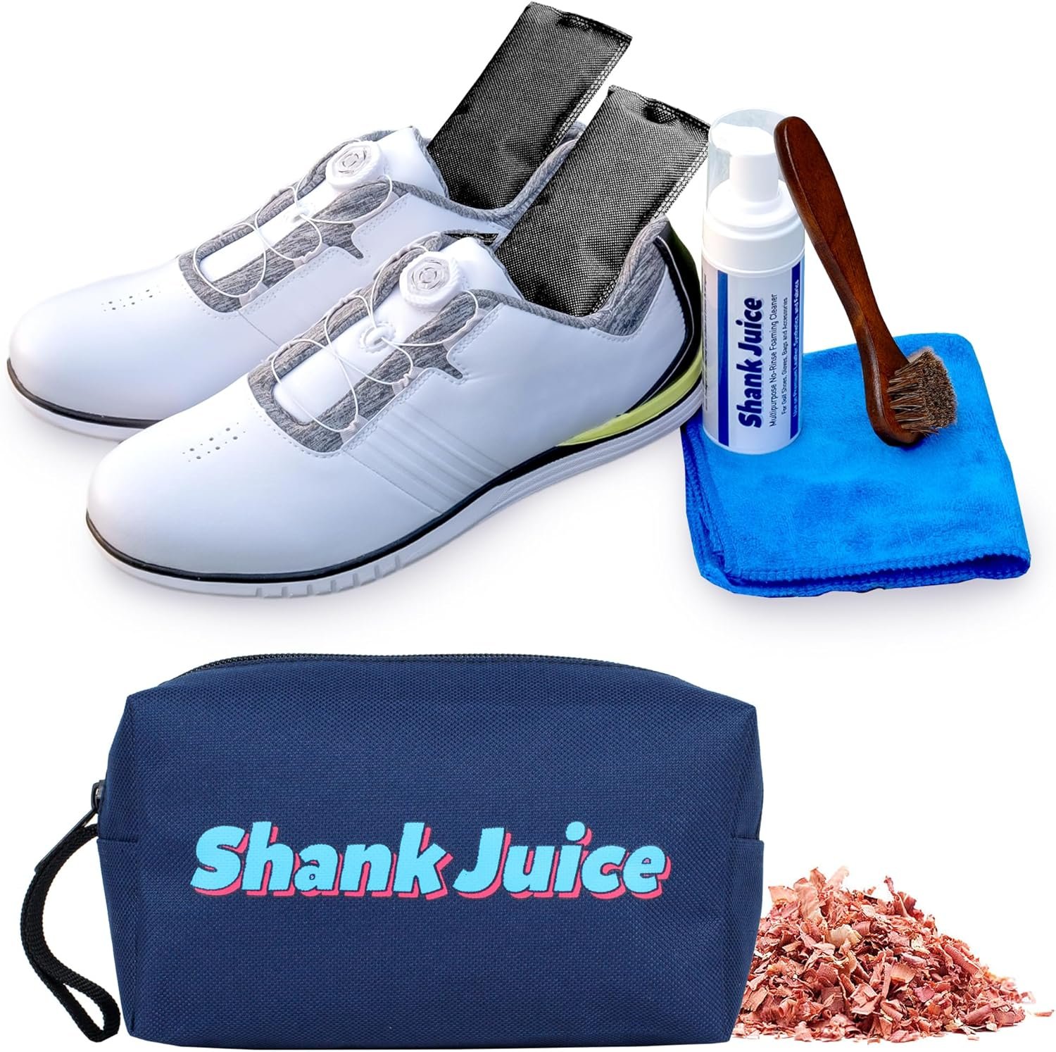 Clean Kit for Golf Shoes and Accessories – 6-item Kit: No Rinse Foaming Cleaner, Brush, Cloth, Cedar Inserts