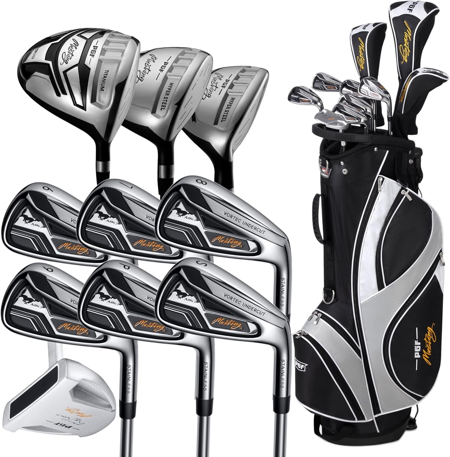 PGF Men’s Mustang MK7 Complete Golf Club Package Set [Flex:Regular][14-Pieces]