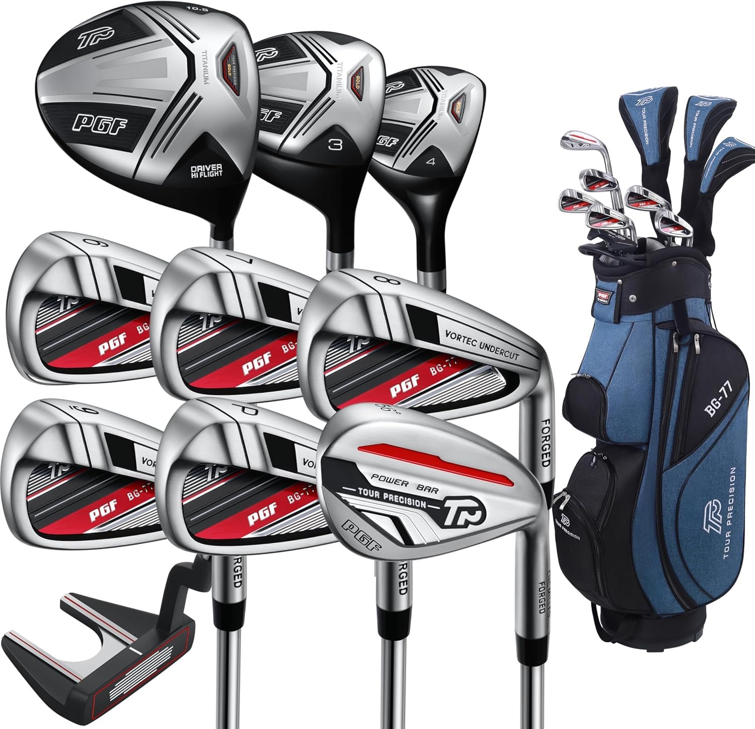 PGF Labs Men’s Gold TP BG-77 Complete Golf Club Package Set [14-Pieces][Flex: Regular][Hand: Left] [Length: 1 Inch LTS]