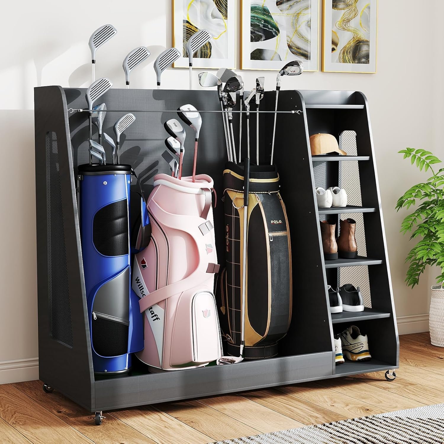 Zevemomo Wooden Golf Bag Organizer for Garage, Large Golf Storage Organizer Holder, Golf Club & Golf Equipment Storage Stand Rack for Golfers, Holds 2 or 3 Golf Bags, Black, Brown, Grey Finish