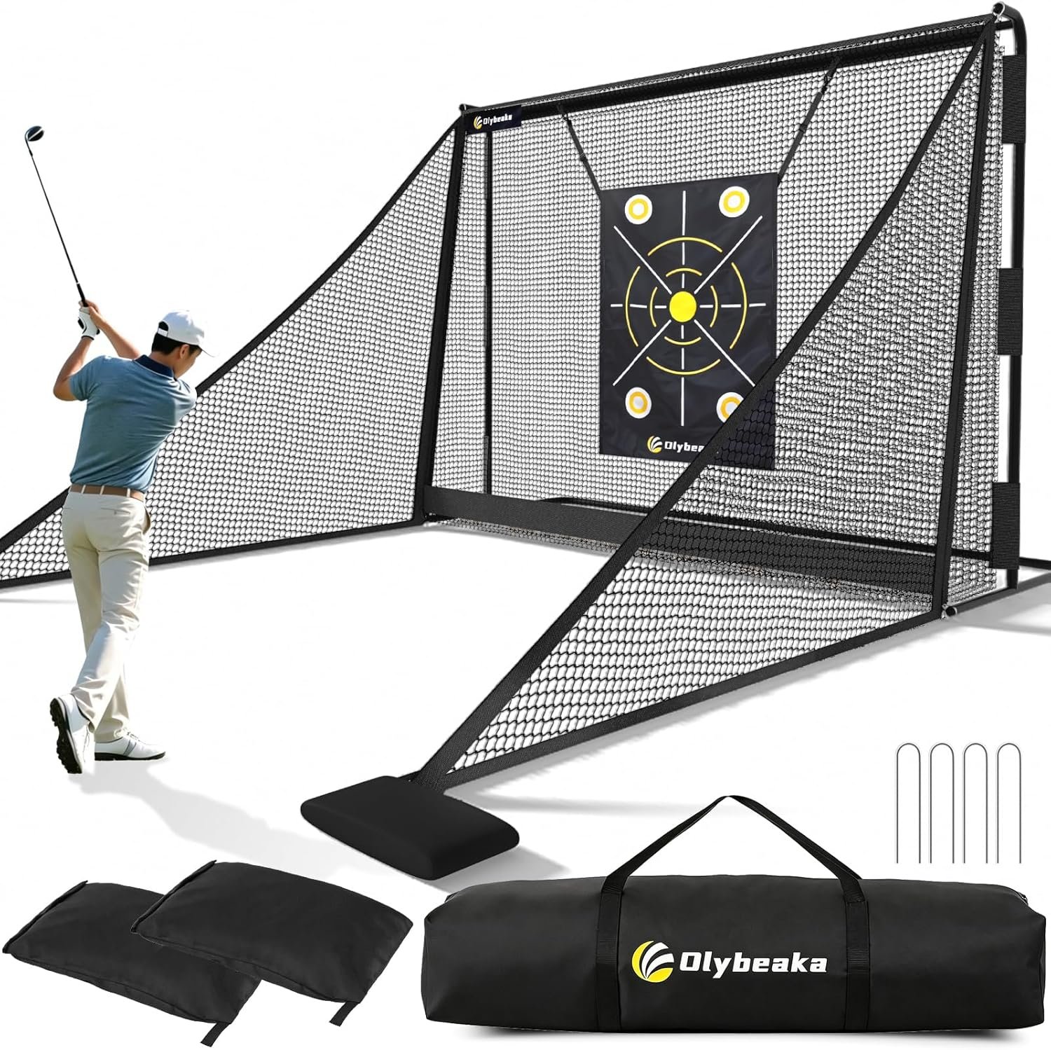 Golf Hitting Net with Side Barriers 10 X 7.5ft for Driving Real Balls, Heavy Duty Golf Practice Training Net for Indoor Outdoor with Ball Return & Collection System, Impact Target, Carry Bag, Stakes