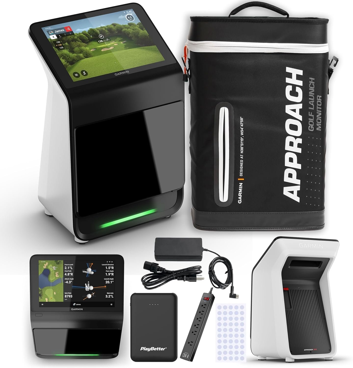 Garmin Approach R50 Premium Golf Launch Monitor & Simulator Bundle – Ball & Club Metrics, Built-in 10” Color Display with Case, Surge Protector, PlayBetter Portable Charger & More