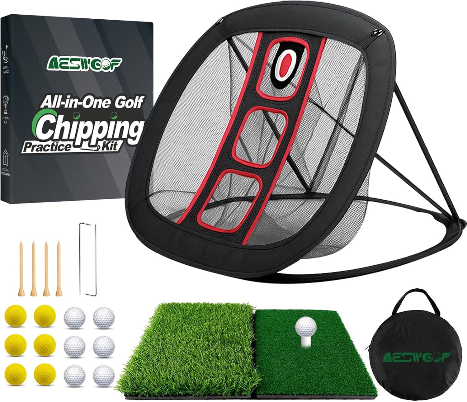 Golf Chipping Net Set with Mat & 12 Practice Balls – All-in-One Golf Training Kit – Portable, Easy Setup for Backyard & Indoor Use – Great Gift for Golfers and Beginners