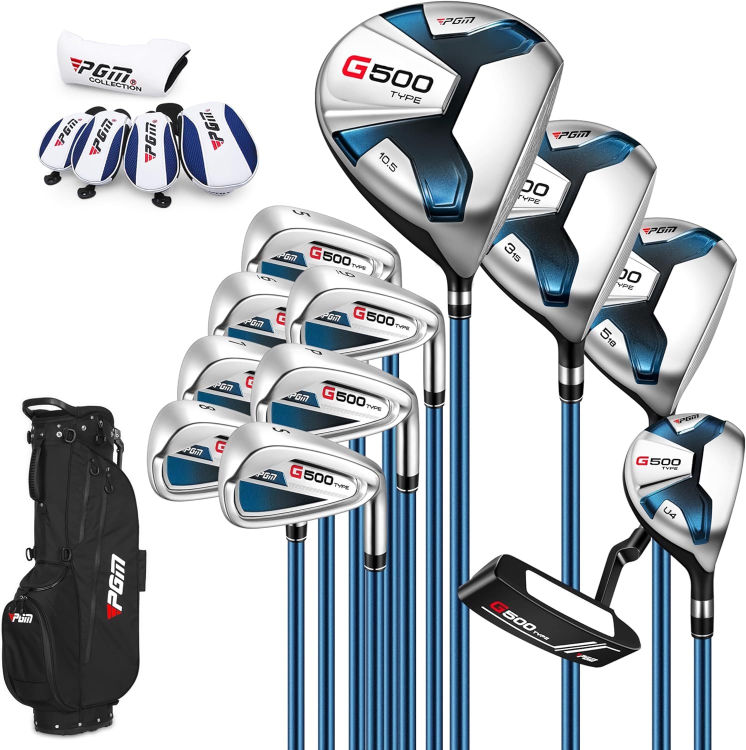 PGM G500 Men’s Complete Golf Club Set, 12-Piece Right Handed Clubs with Stand Bag, 460cc Driver, #3 & #5 Fairway Woods, #4 Hybrid, 5–9 Irons, PW, SW & Putter for Beginners and Intermediate Golfers