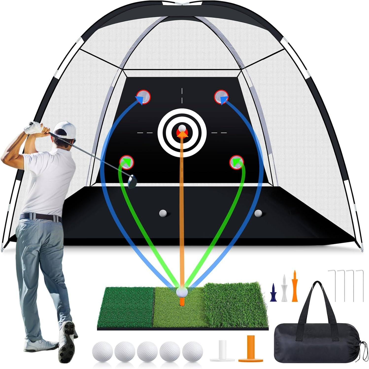 MoKo Golf Net with Practice Mat, 10 x 7 ft Golf Hitting Net for Outdoor Indoor Backyard Driving Chipping Swing Training, All-in-One Multi-Target Practice Nets, Gifts for Men Dad Him and Golfer