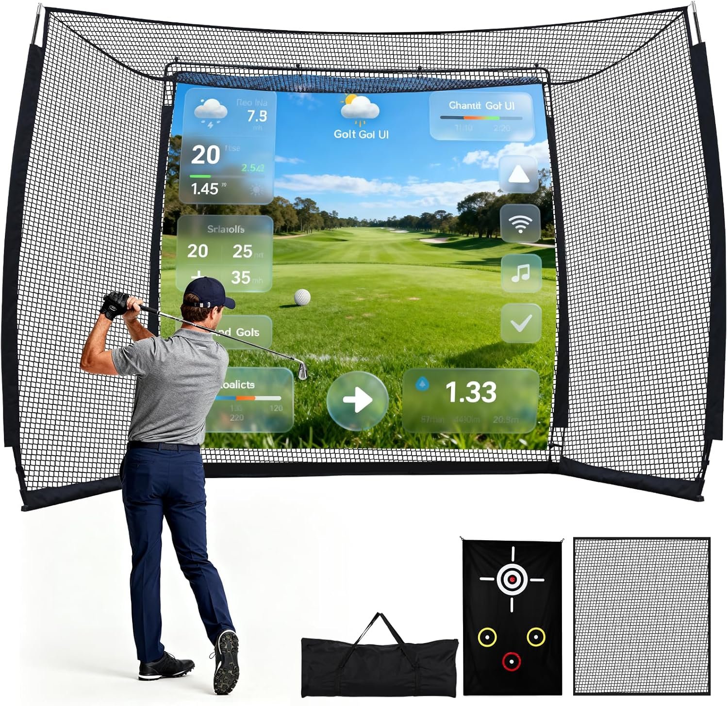 Golf Practice Hitting Net with HD Simulator Screen and Target Cloth, 10×8 FT Golf Driving Net for Indoor, Outdoor, Backyard and Garage with Impact Resistance and Ball Return