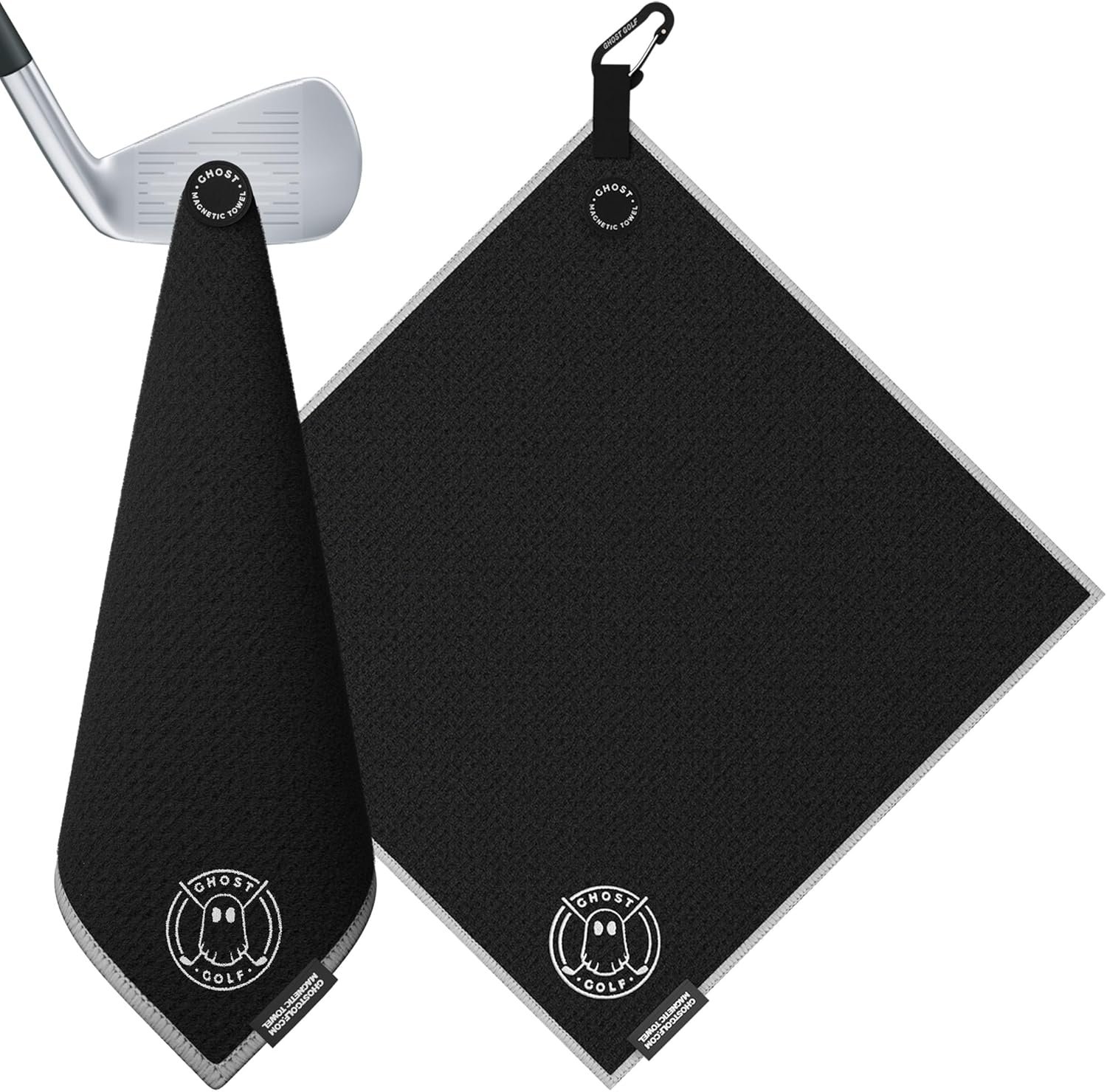 Ghost Golf Magnetic Towel (Greenside) – Premium Ultra-Absorbent Microfiber Golf Towel with Magnet for Golf Carts or Clubs – 18″ x 18″ Golfing Gear – Waffle Weave Pattern (Black)