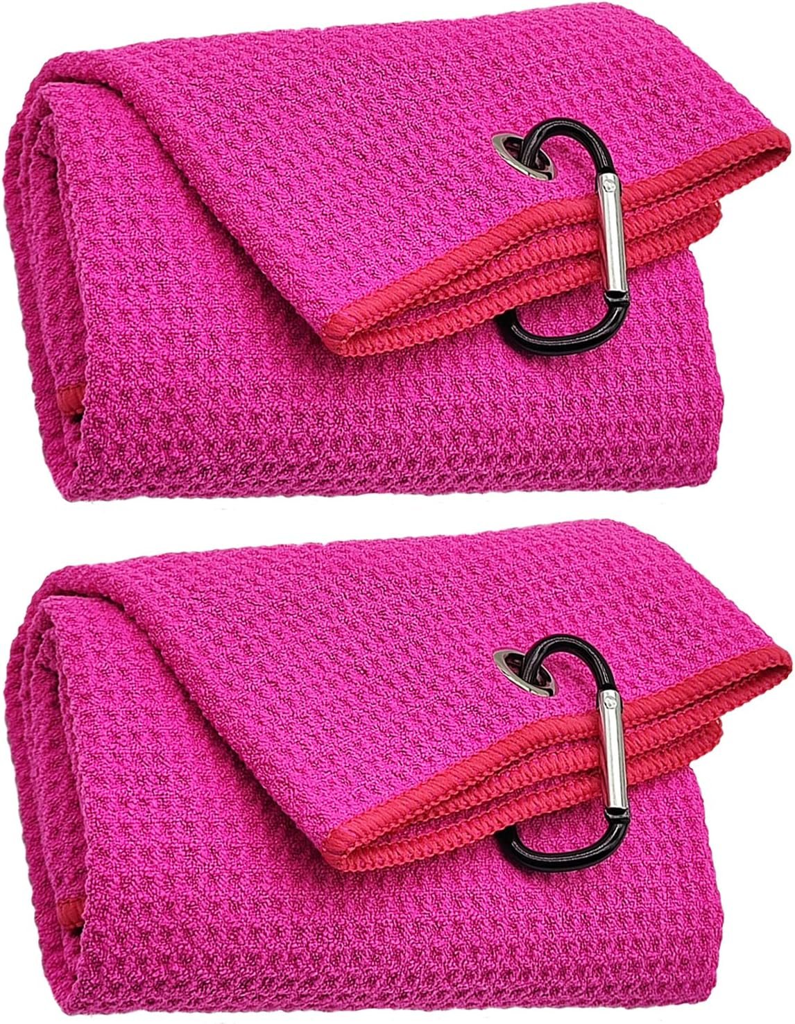 2 Pack Tri-Fold Microfiber Towels Set with Carabiner Clip – Waffle Pattern Golf Towels for Bags – Outdoor Sports Towel Gifts (2 Pcs Pink + Pink)