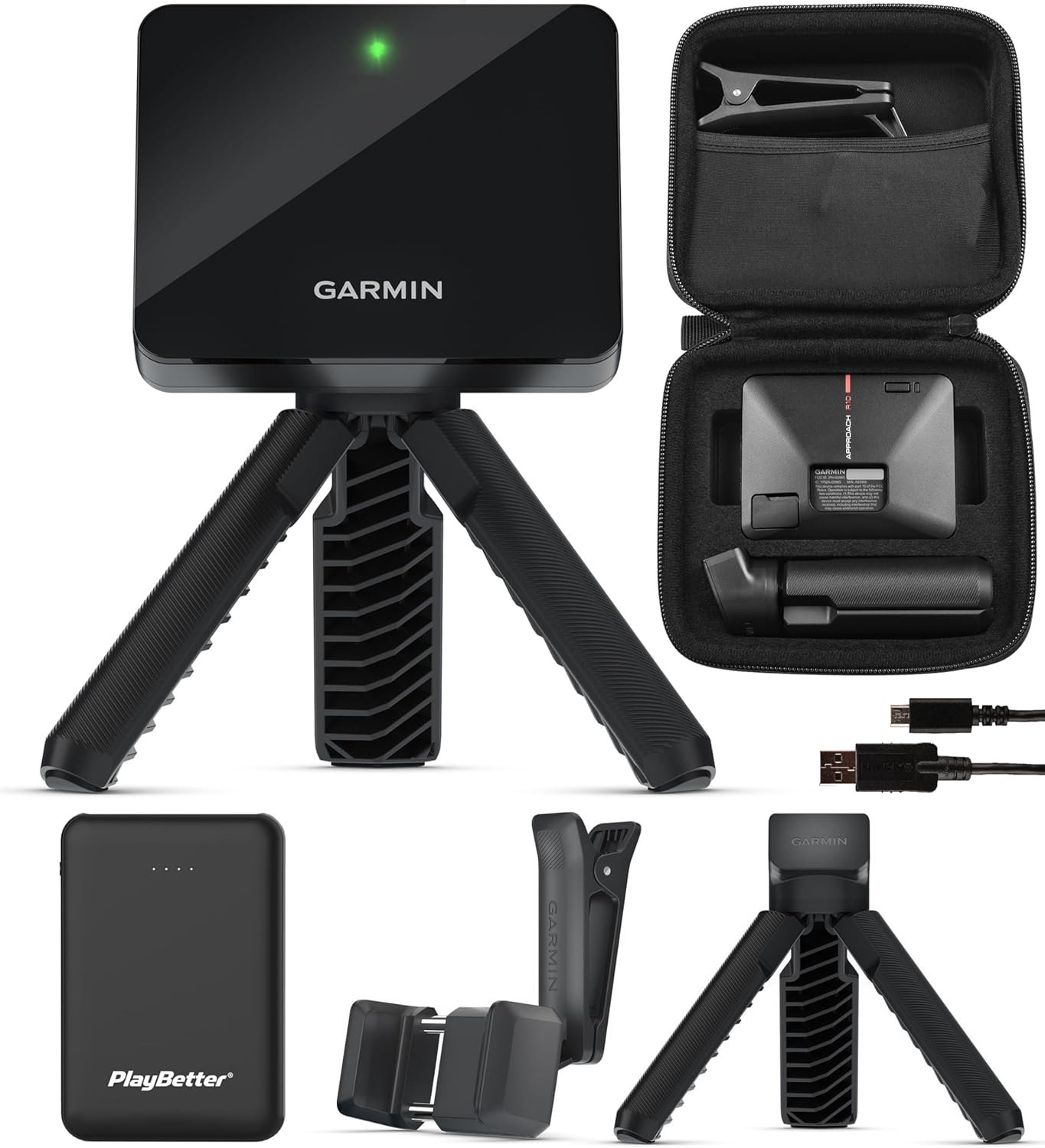 Garmin Approach R10 Portable Golf Launch Monitor & Simulator Bundle – Great for Home, Outdoor & Indoor, Projector Compatible with PlayBetter Portable Charger, Case, Tripod & Adapter