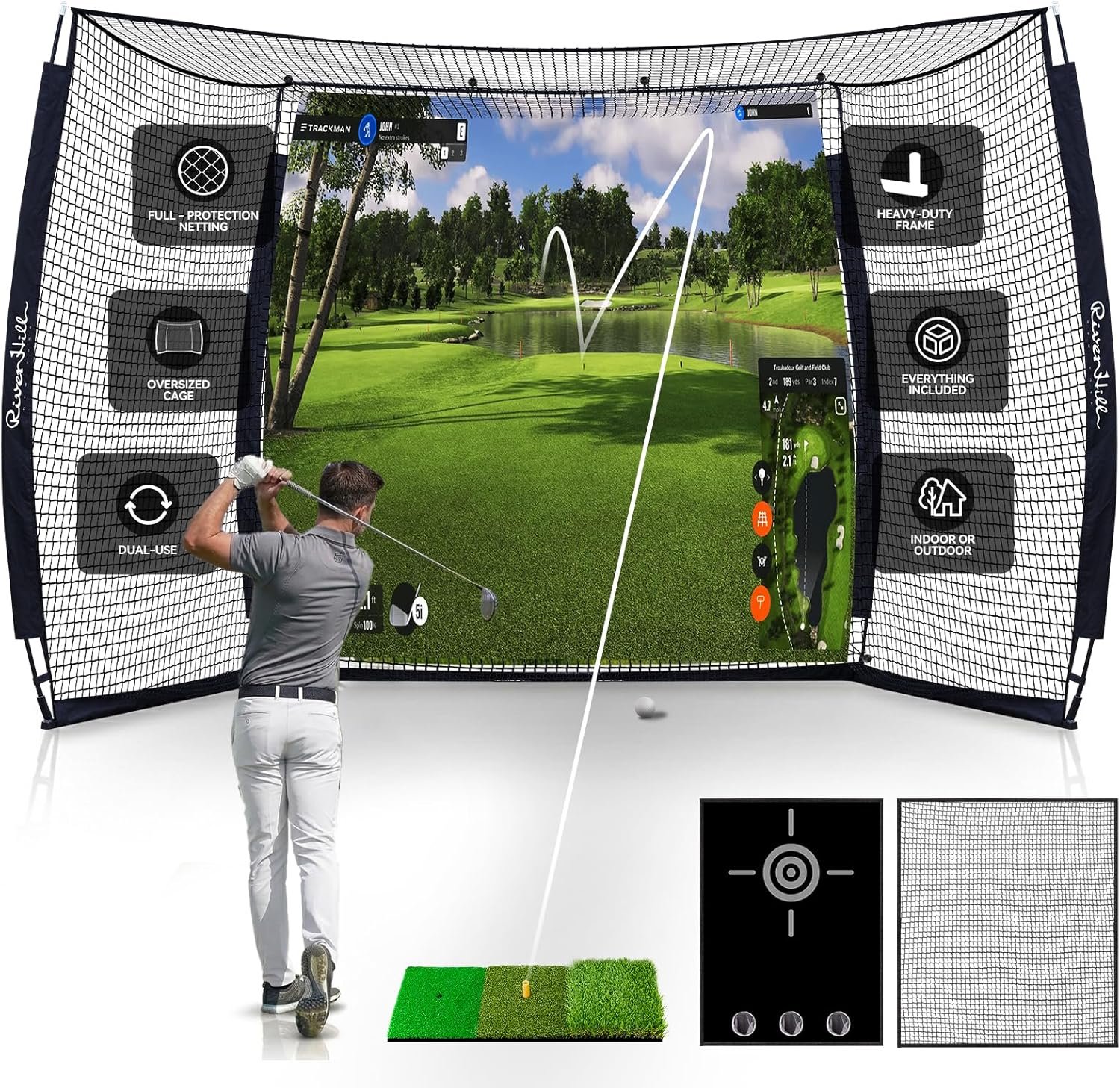 Golf Hitting Net, Golf Cage w/Impact Screen, Sound-Dampening Cloth, 10 x 8Ft or 10 x 7Ft Indoor & Outdoor Driving Chipping Simulator Practice Equipment for Home, Backyard & Garage