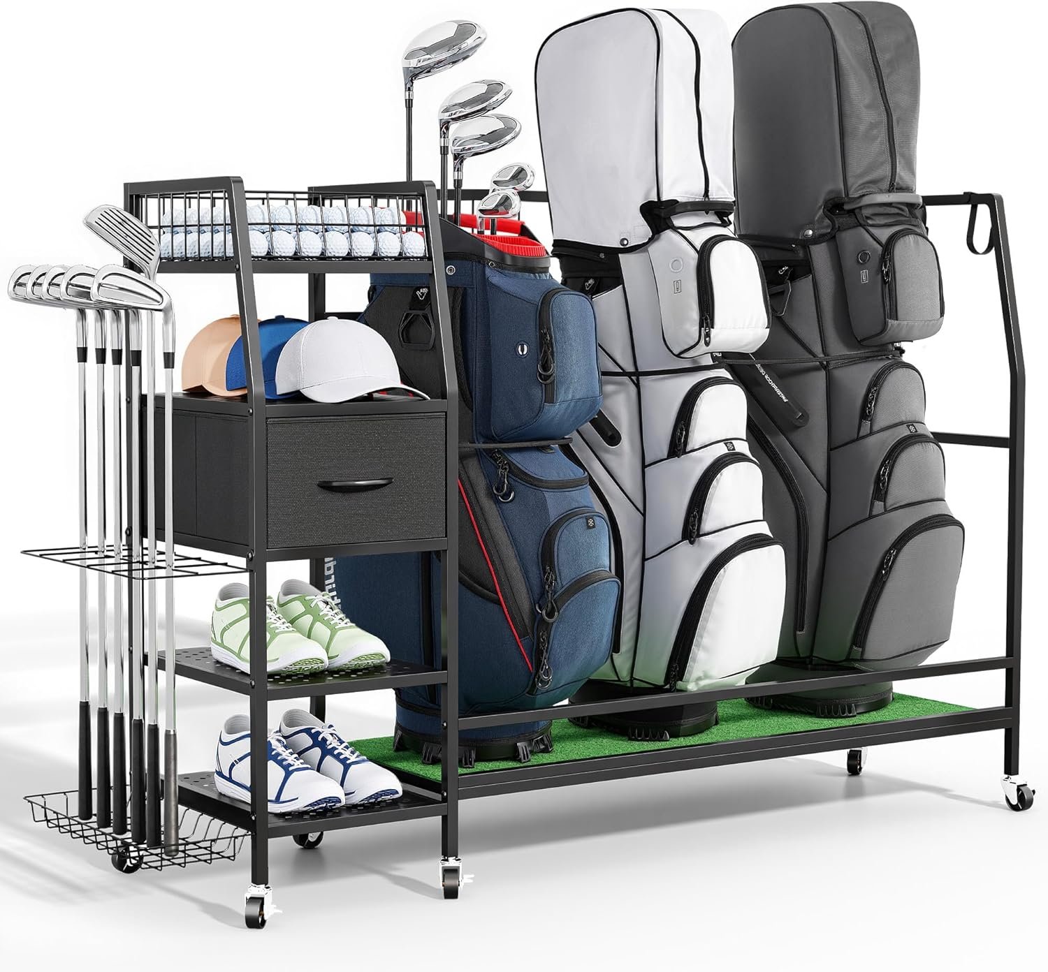 Golf Bag Organizer Storage Rack, Rolling Golf Storage Organizer for Garage, Golf Equipment Holder with Wheels, Turf Mat, Carbon Steel