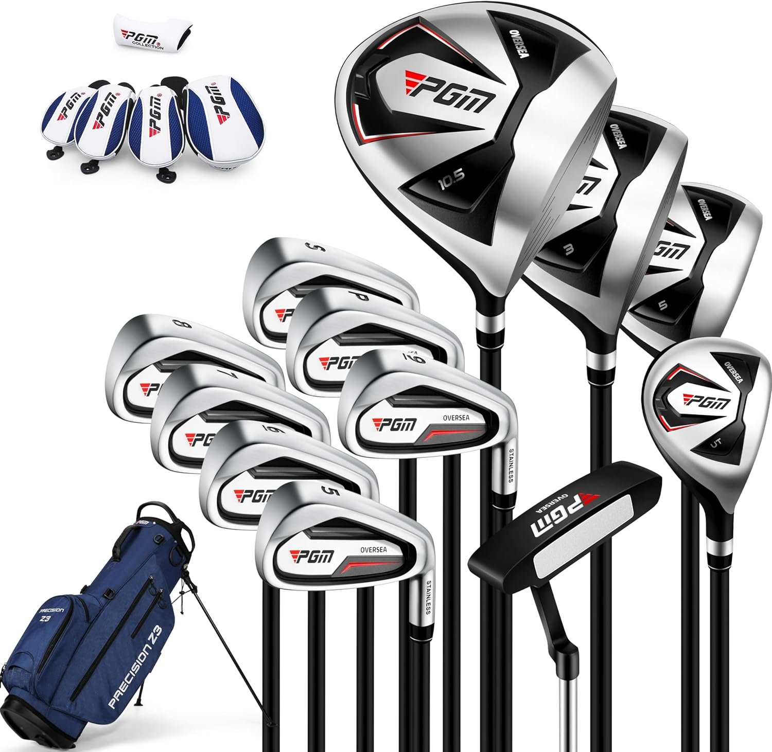 PGM 13/18 Pieces Men’s Complete Golf Club Set with Driver, Fairway, Hybrid, Irons, Putter, Stand Bag & Headcovers – Ideal for Beginners (Standard/+1inch Sizes)