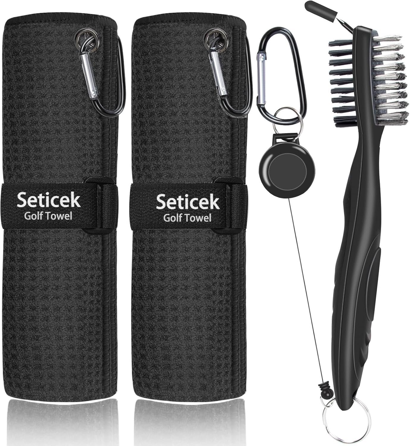 Seticek 2 Pack Golf Towel (16″ X 16″) with Club Brush, Microfiber Waffle Pattern Golf Towels for Golf Bags for Men,Essential Golf Combo Cleaning Kit (Black)