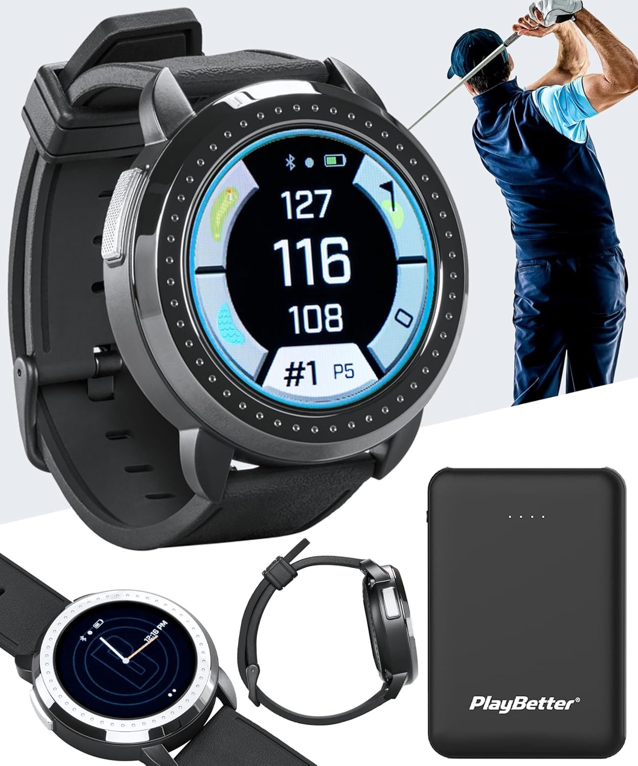 Bushnell iON Elite (Black) Golf GPS Watch Bundle – Color Touchscreen Smartwatch with 12+ Hours Battery Life, 38K Courses & Slope Distances with PlayBetter Portable Charger & Screen Protectors