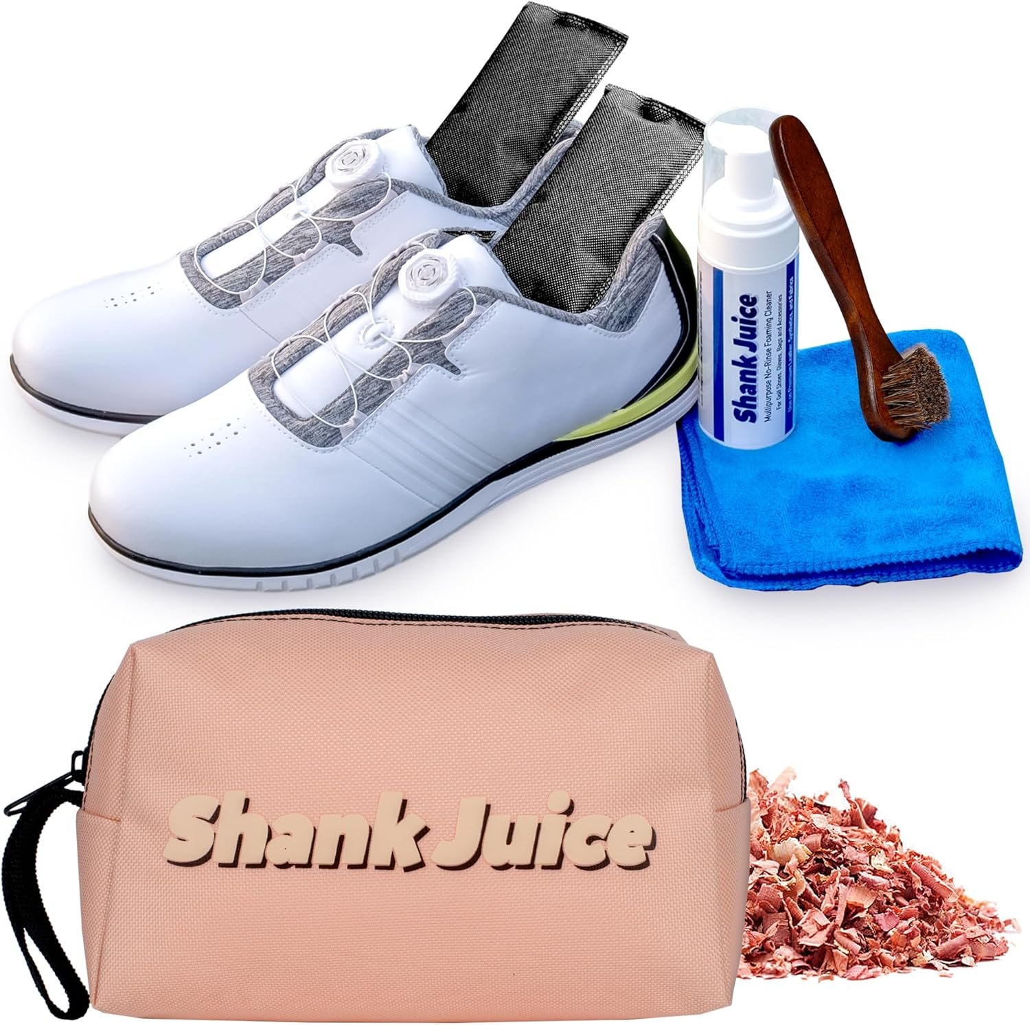 Clean Kit for Golf Shoes and Accessories – 6-item Kit: No Rinse Foaming Cleaner, Brush, Cloth, Cedar Inserts