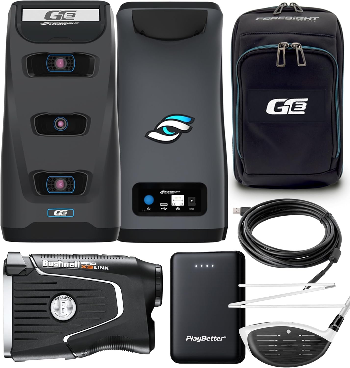 Foresight Sports GC3 Golf Launch Monitor Bundle – Three Precision Cameras, Link-Enabled, Ball & Club Data – Indoor/Outdoor with PlayBetter Portable Charger, Bushnell Pro X3 Link Rangefinder & More