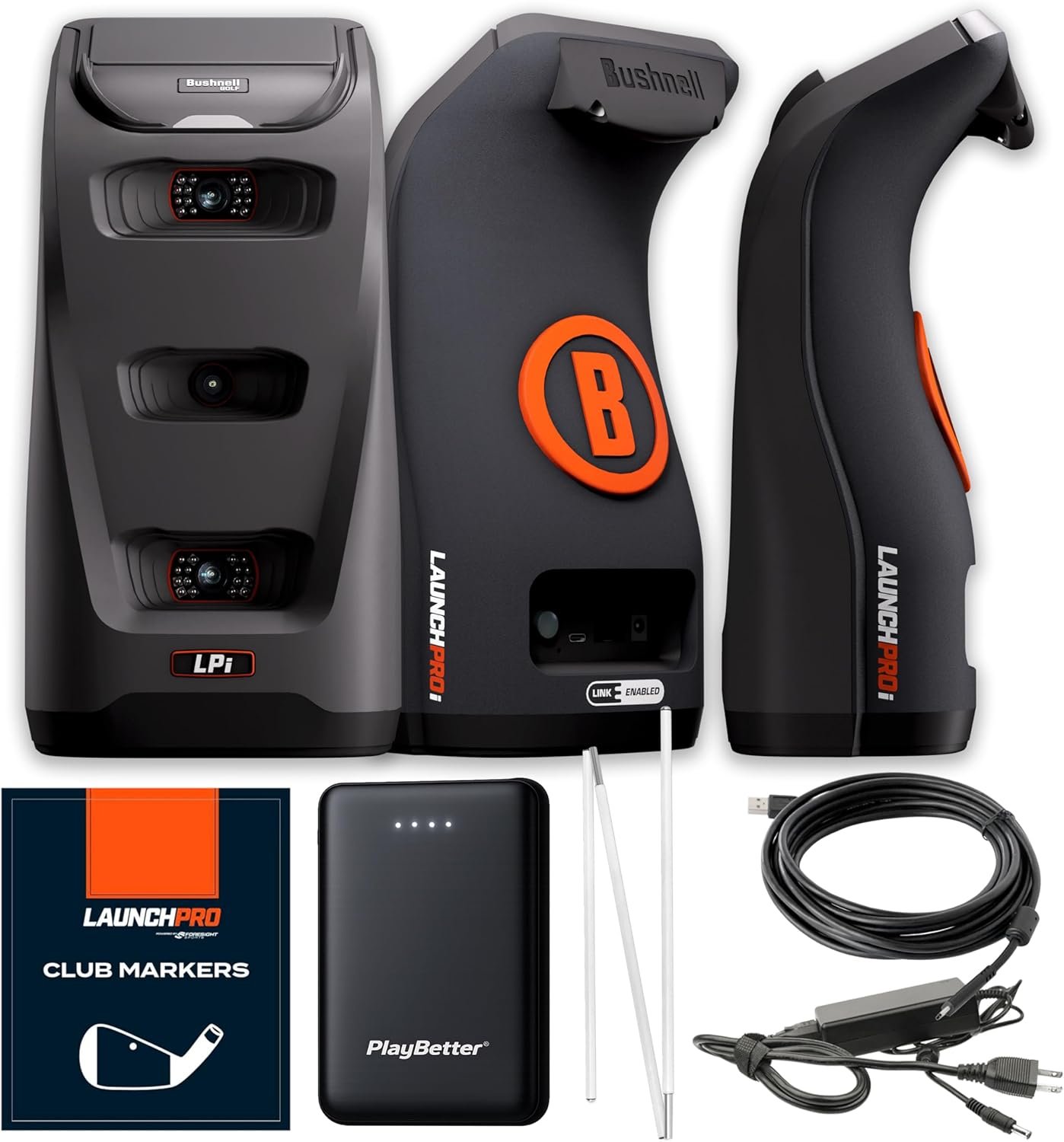 Bushnell Launch Pro LPi Circle B Edition Golf Launch Monitor Bundle – Tour-Level Accuracy, Camera-Based Measurement, Indoor Use with PlayBetter Portable Charger, Club Markers, USB Cables & More