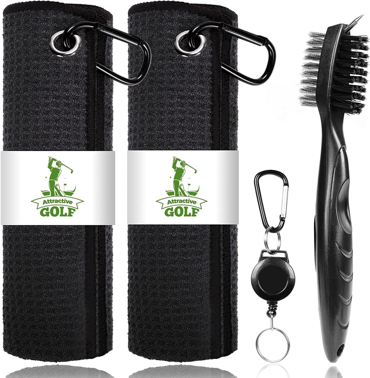 ATTRACTIVE Golf Towels, Microfiber Waffle Pattern Towels – Golf Club Brush with Cleaning (2 Black Towel+Black Brush)