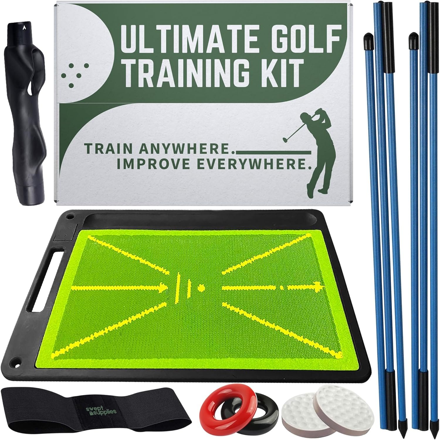 6-in-1 Golf Swing Trainer with Divot Board, Golf Grip Trainer, Alignment Sticks and Training Aid | Golf Accessories for Men & Women | Hitting Mat Practice Indoor & Outdoor