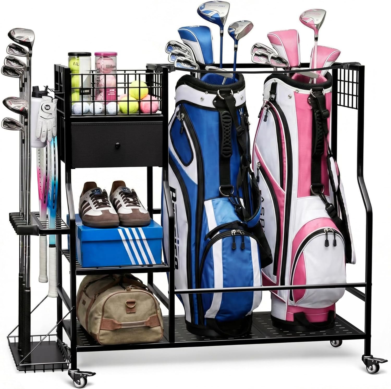Faesun Golf Bag Organizer for Garage, Golf Bag Storage Rack with 6 Club Slots, Golf Club Organizer with Fabric Drawer & Wheels, Golf Storage Organizer Holds 2 Bags, Golf Rack Storage System