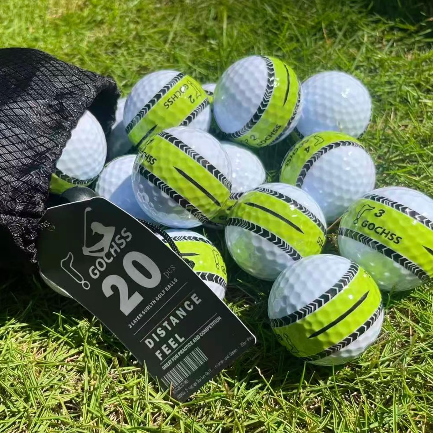 2-Layer Surlyn Golf Balls with Green Aiming Line, 332 Dimples, Low Spin, Long Distance Over 30 Yards, Durable Golf Balls for Amateur, Junior, Lady – 20 Pack