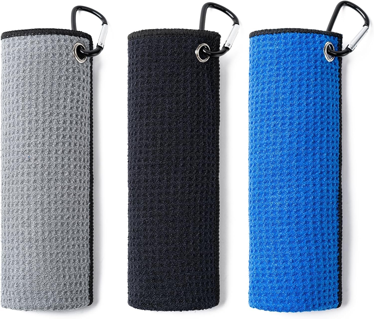 Husfunov 3 Pack Golf Towels(16″ X 16″) with Carabiner Clip,Microfiber Fabric Waffle Pattern Towels for Golf Bags,Tri-Fold Portable Towels for Men Women,Blue/Black/Gray